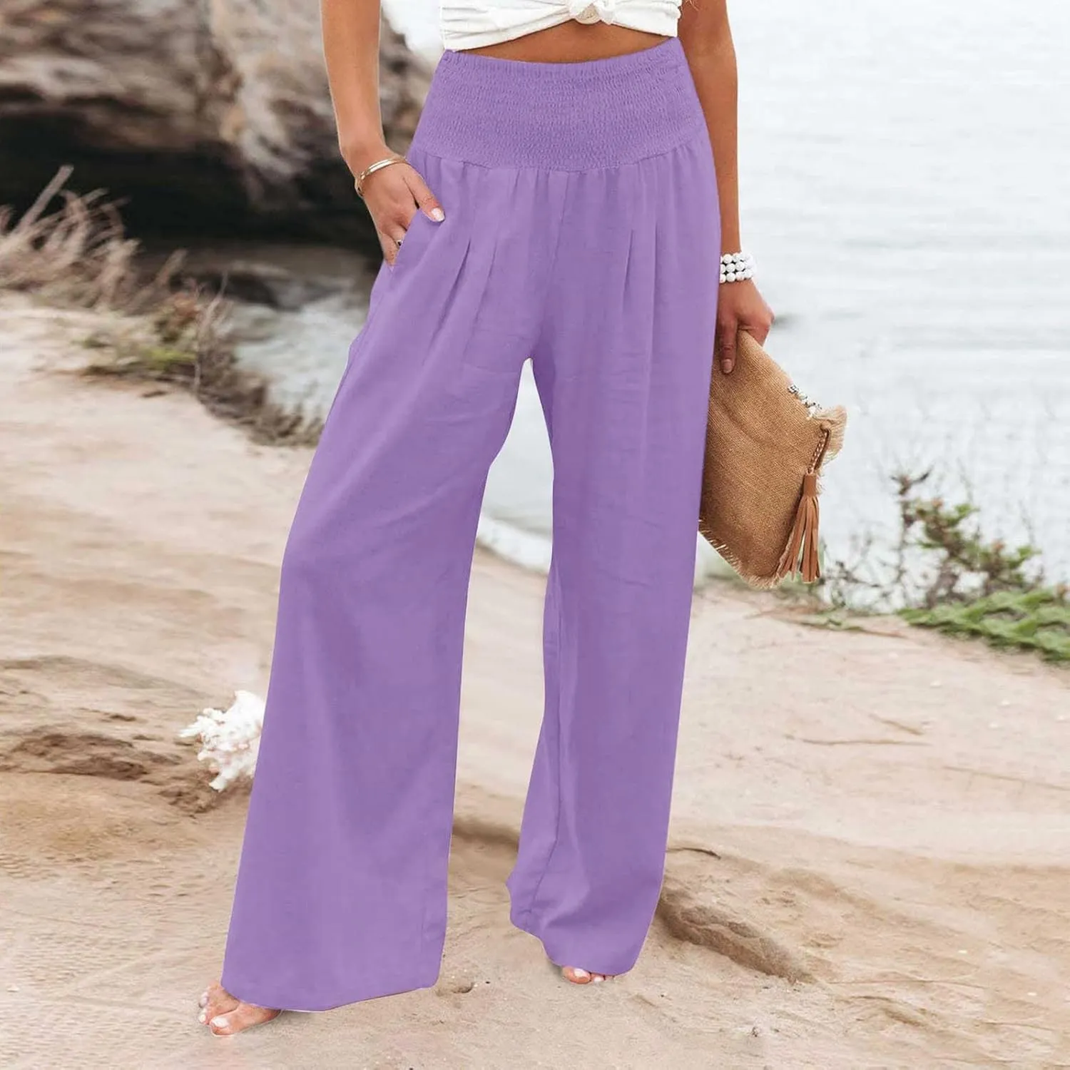 Women's Linen Palazzo Pants Women Smocked Elastic Waist High Waist Loose Comfy Casual Pants with Pockets 2025 Beach