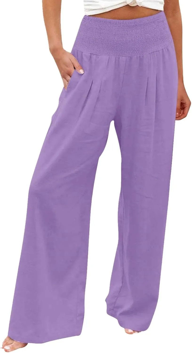 Women's Linen Palazzo Pants Women Smocked Elastic Waist High Waist Loose Comfy Casual Pants with Pockets 2025 Beach