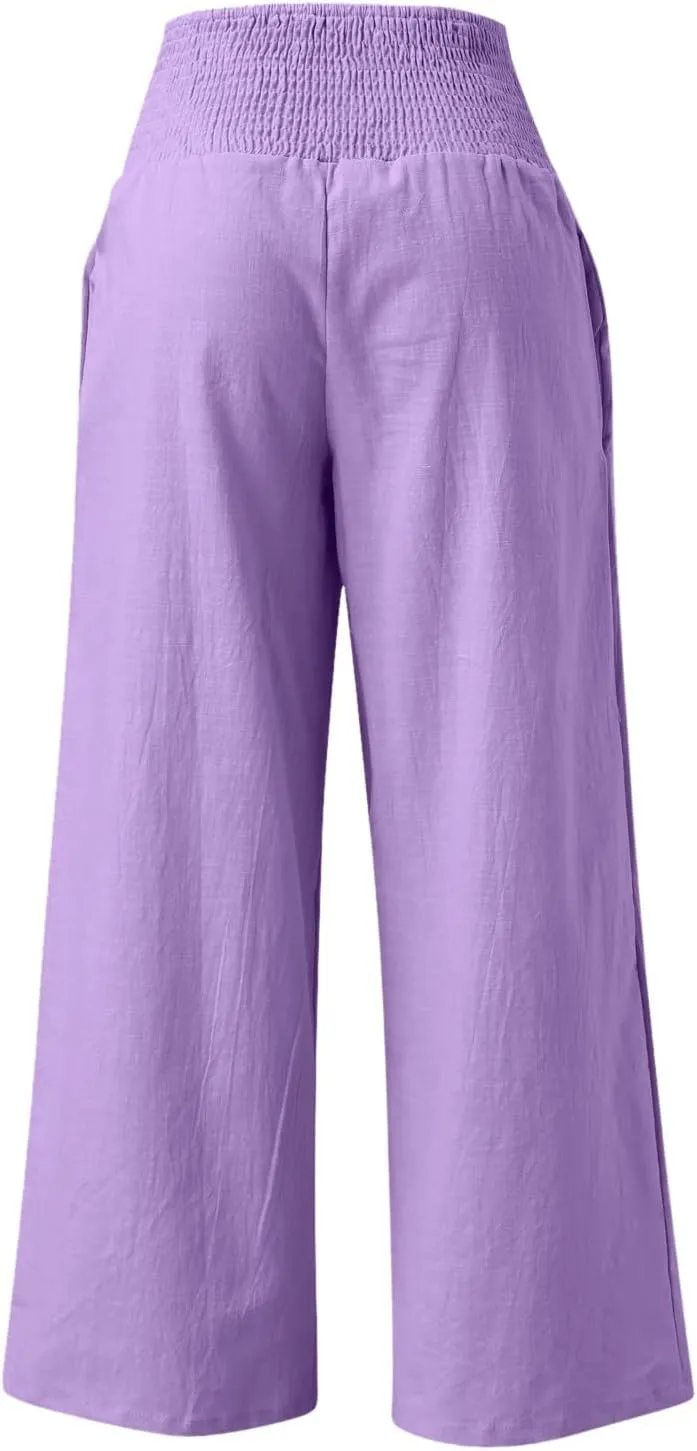 Women's Linen Palazzo Pants Women Smocked Elastic Waist High Waist Loose Comfy Casual Pants with Pockets 2025 Beach