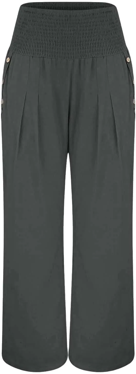 Womens Linen Pants 2025 Summer Trendy Wide Leg High Waist Palazzo Trousers Casual Smocked Flowy Beach Trousers