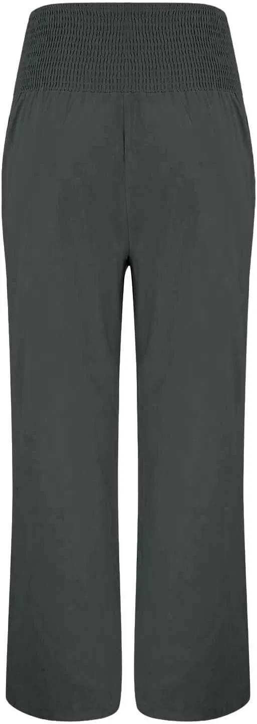 Womens Linen Pants 2025 Summer Trendy Wide Leg High Waist Palazzo Trousers Casual Smocked Flowy Beach Trousers