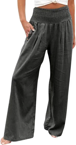 Womens Linen Pants 2025 Summer Trendy Wide Leg High Waist Palazzo Trousers Casual Smocked Flowy Beach Trousers