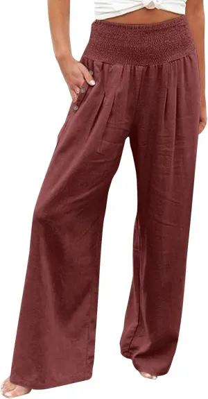Womens Linen Pants 2025 Summer Trendy Wide Leg High Waist Palazzo Trousers Casual Smocked Flowy Beach Trousers