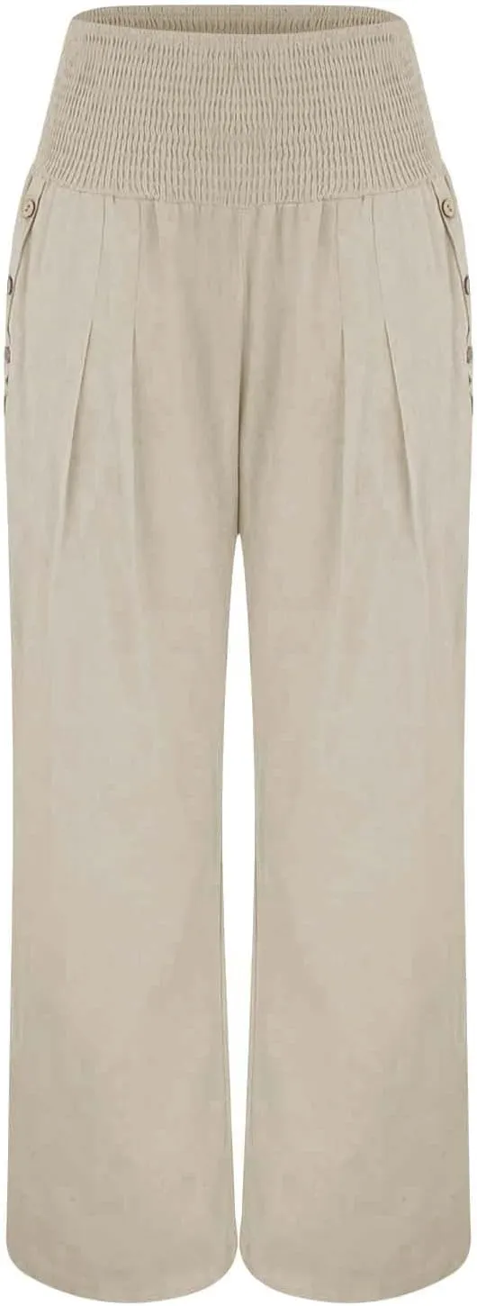 Womens Linen Pants 2025 Summer Trendy Wide Leg High Waist Palazzo Trousers Casual Smocked Flowy Beach Trousers