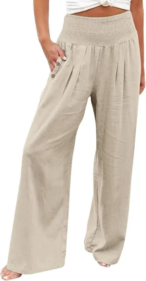 Womens Linen Pants 2025 Summer Trendy Wide Leg High Waist Palazzo Trousers Casual Smocked Flowy Beach Trousers