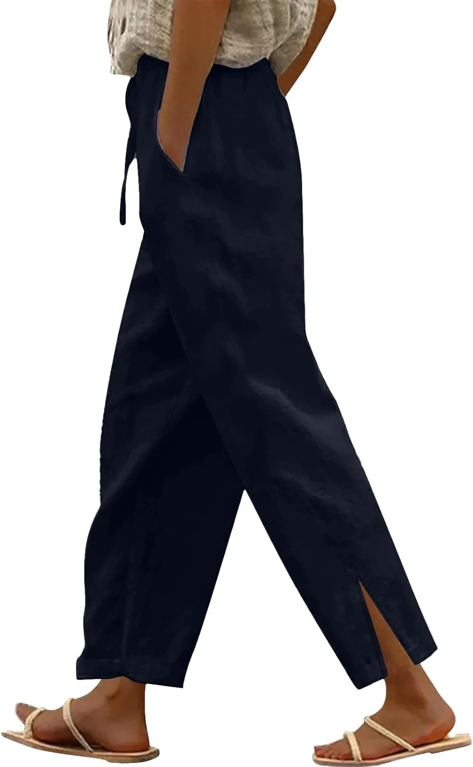 Women's Linen Pants High Waist Drawstring Wide Leg Cropped Pants Casual Loose Lightweight Beach Trousers with Pockets