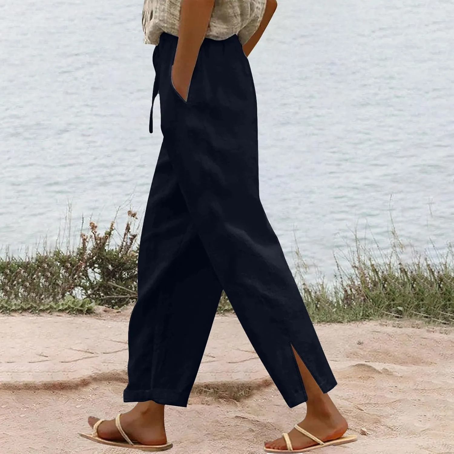 Women's Linen Pants High Waist Drawstring Wide Leg Cropped Pants Casual Loose Lightweight Beach Trousers with Pockets