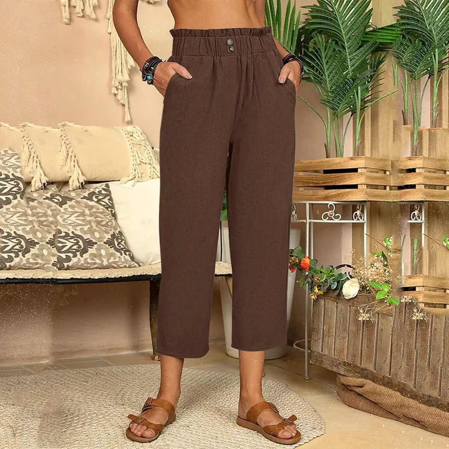 Women's Linen Summer Palazzo Palazzo Pants High Waist Wide Leg Slim-Fit Pants Travel