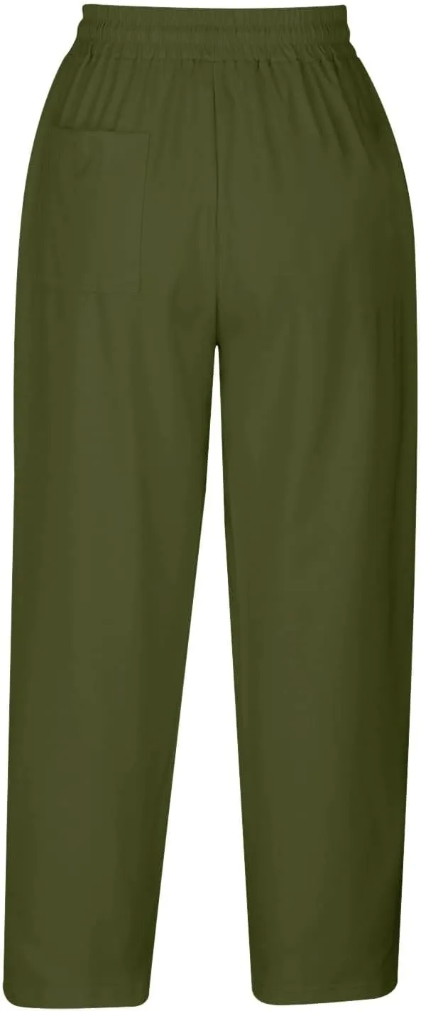 Women's Linen Summer Palazzo Pants Linen Elastic Seven Pants Beach Casual Pants Linen Loose Drawstring Elastic Waist
