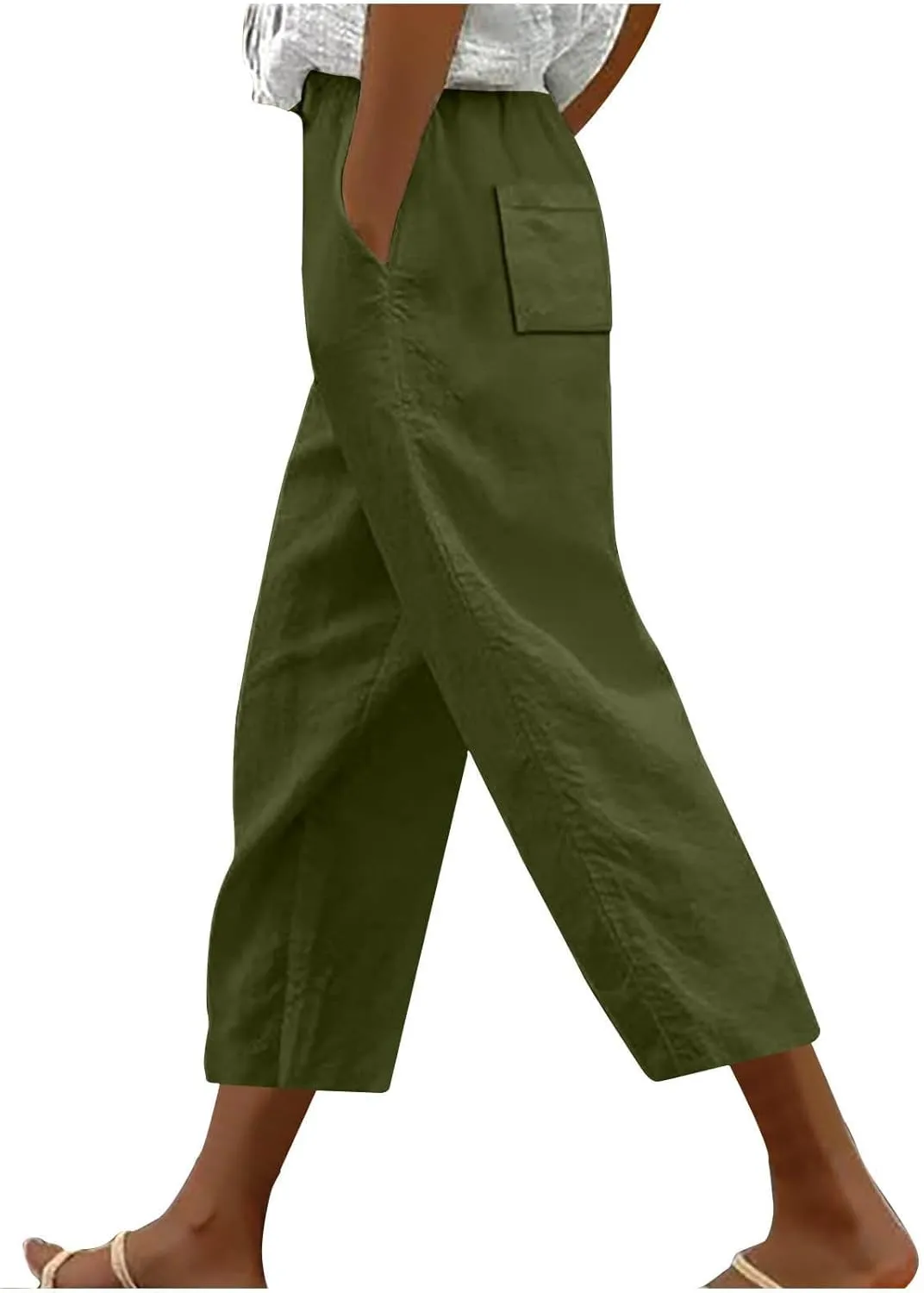 Women's Linen Summer Palazzo Pants Linen Elastic Seven Pants Beach Casual Pants Linen Loose Drawstring Elastic Waist