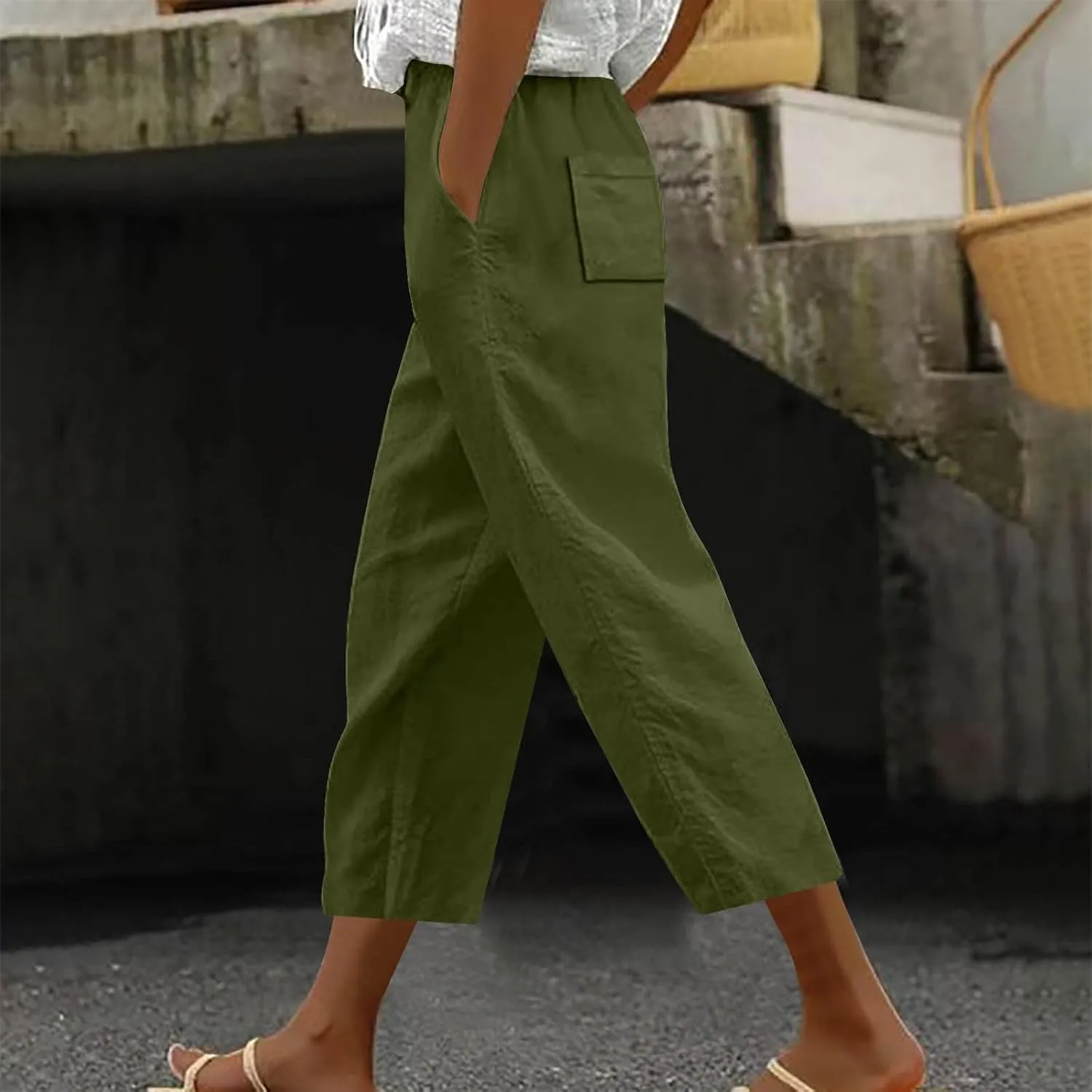 Women's Linen Summer Palazzo Pants Linen Elastic Seven Pants Beach Casual Pants Linen Loose Drawstring Elastic Waist