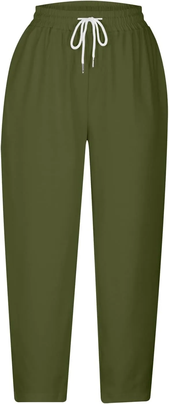 Women's Linen Summer Palazzo Pants Linen Elastic Seven Pants Beach Casual Pants Linen Loose Drawstring Elastic Waist