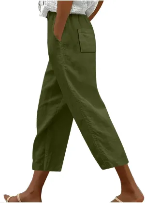 Women's Linen Summer Palazzo Pants Linen Elastic Seven Pants Beach Casual Pants Linen Loose Drawstring Elastic Waist