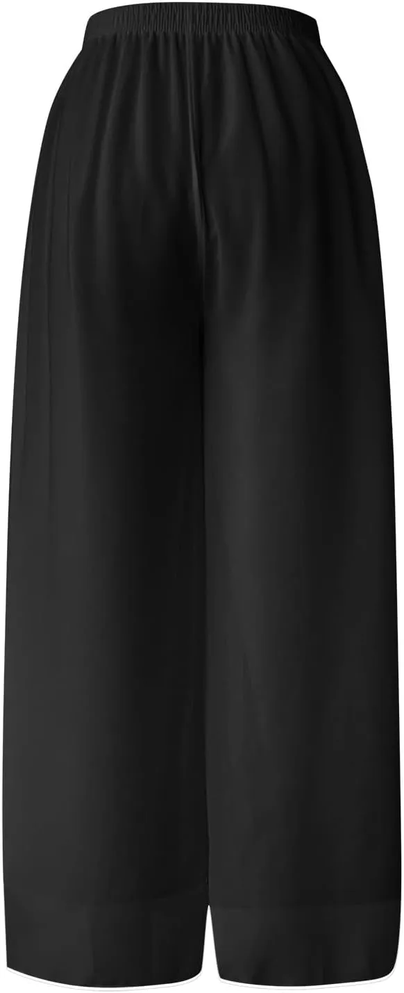 Womens Linen Summer Tie Knot Pants High Waist Stretchy Straight Plus Size Palazzo Pants Travel