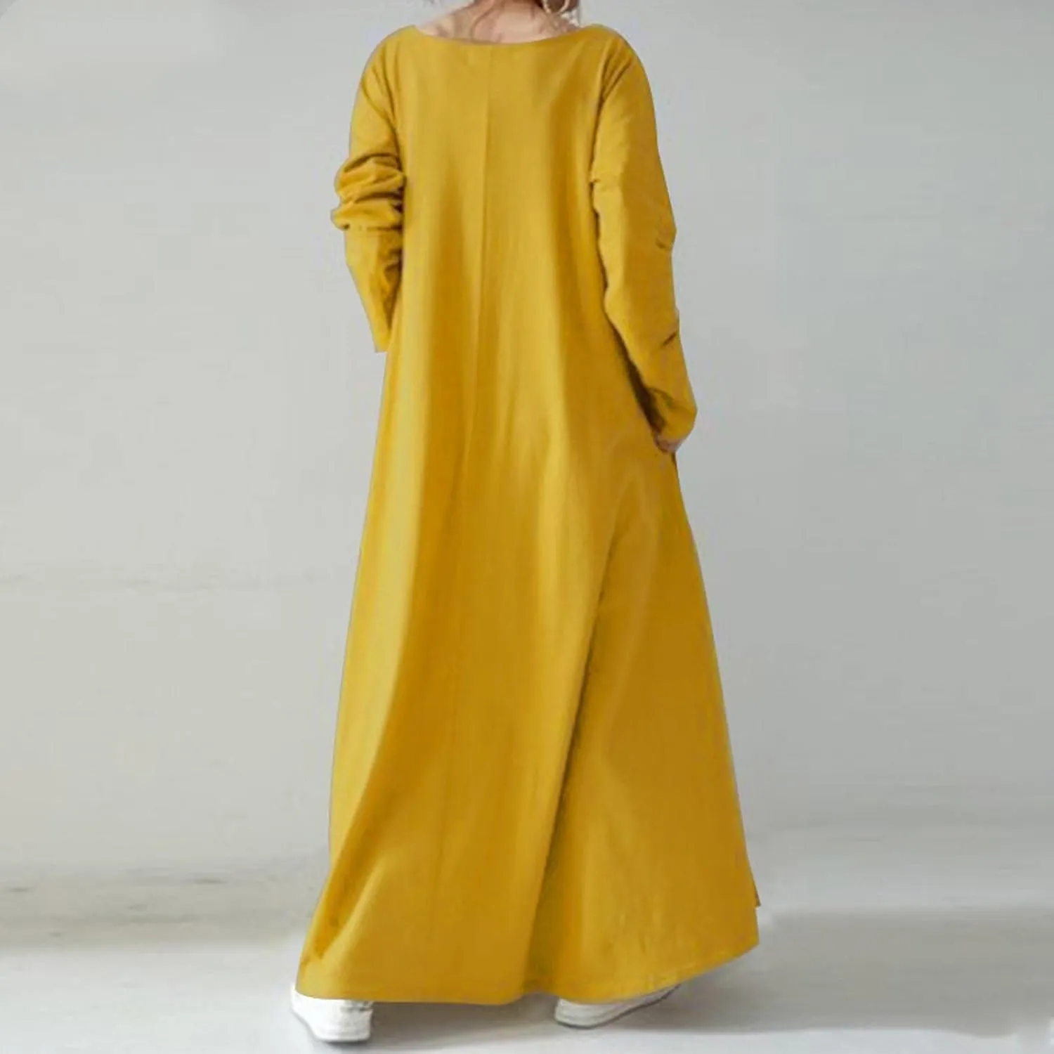 Women's Long Dresses Fall Plus Size V-Neck Pleated A Line High Low Dress Long Sleeve Lightweight Flowy Maxi Dresses