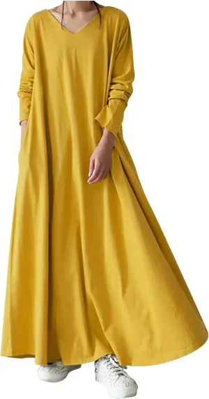 Women's Long Dresses Fall Plus Size V-Neck Pleated A Line High Low Dress Long Sleeve Lightweight Flowy Maxi Dresses