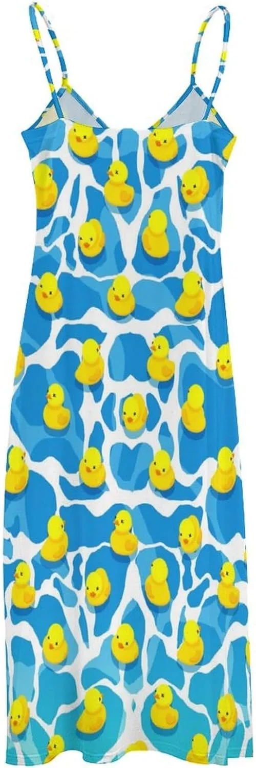 Women's Maxi Dress Duck Summer Sun Dresses Casual Loose Long Dress V Neck Sleeveless Beach Dresses