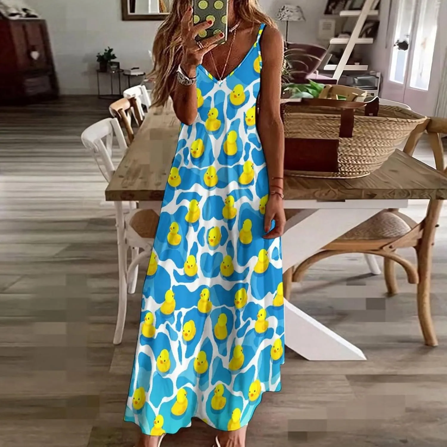 Women's Maxi Dress Duck Summer Sun Dresses Casual Loose Long Dress V Neck Sleeveless Beach Dresses