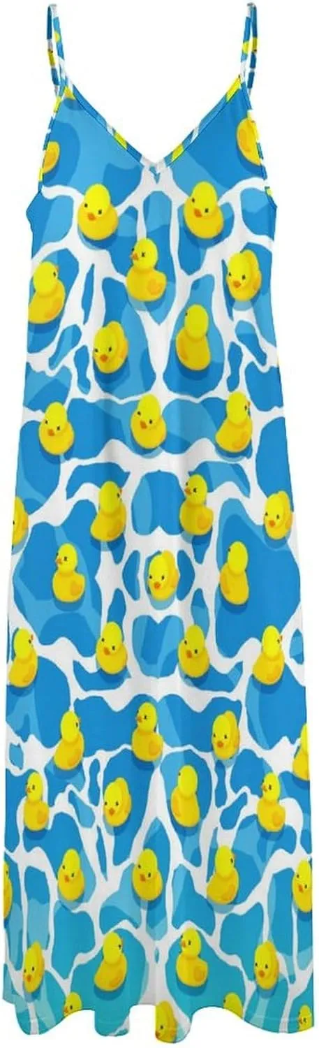 Women's Maxi Dress Duck Summer Sun Dresses Casual Loose Long Dress V Neck Sleeveless Beach Dresses