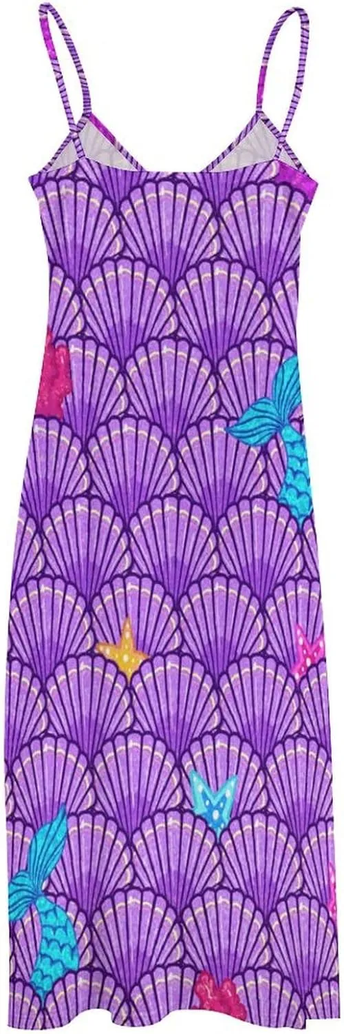 Women's Maxi Dress Tie Dye Seashell Summer Sun Dresses Casual Loose Long Dress V Neck Sleeveless Beach Dresses