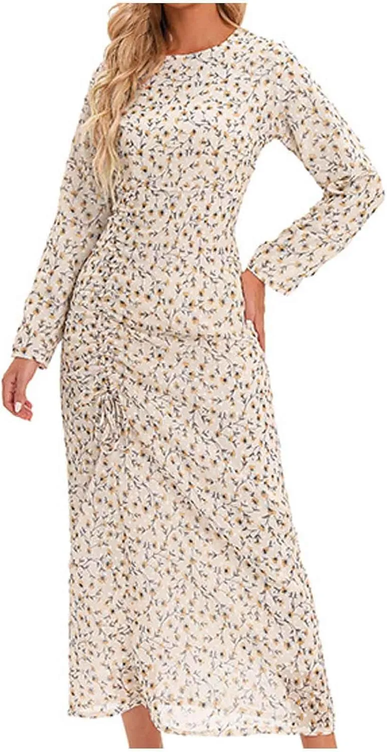 Women's Midi Dresses Casual 2024 Flower Print Pleated Long Sleeve Dress Outdoor Fall Wedding Guest Long Bodycon Dress