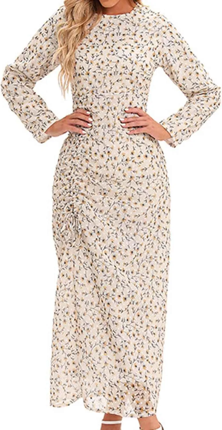 Women's Midi Dresses Casual 2024 Flower Print Pleated Long Sleeve Dress Outdoor Fall Wedding Guest Long Bodycon Dress