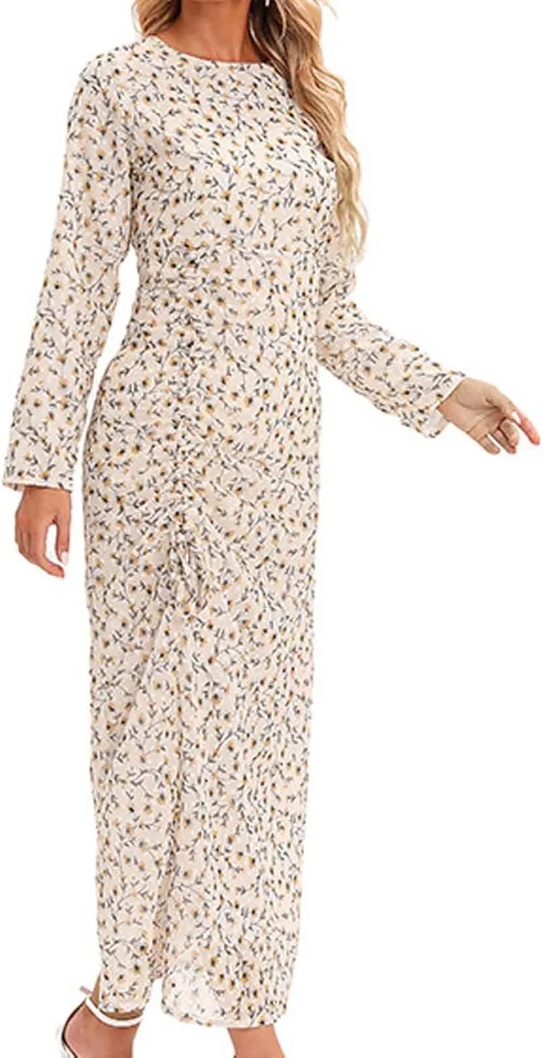 Women's Midi Dresses Casual 2024 Flower Print Pleated Long Sleeve Dress Outdoor Fall Wedding Guest Long Bodycon Dress