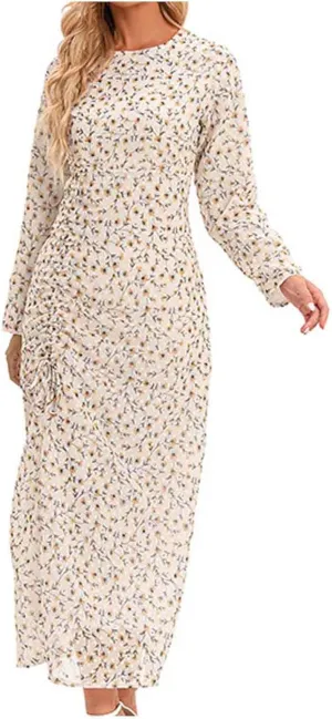 Women's Midi Dresses Casual 2024 Flower Print Pleated Long Sleeve Dress Outdoor Fall Wedding Guest Long Bodycon Dress