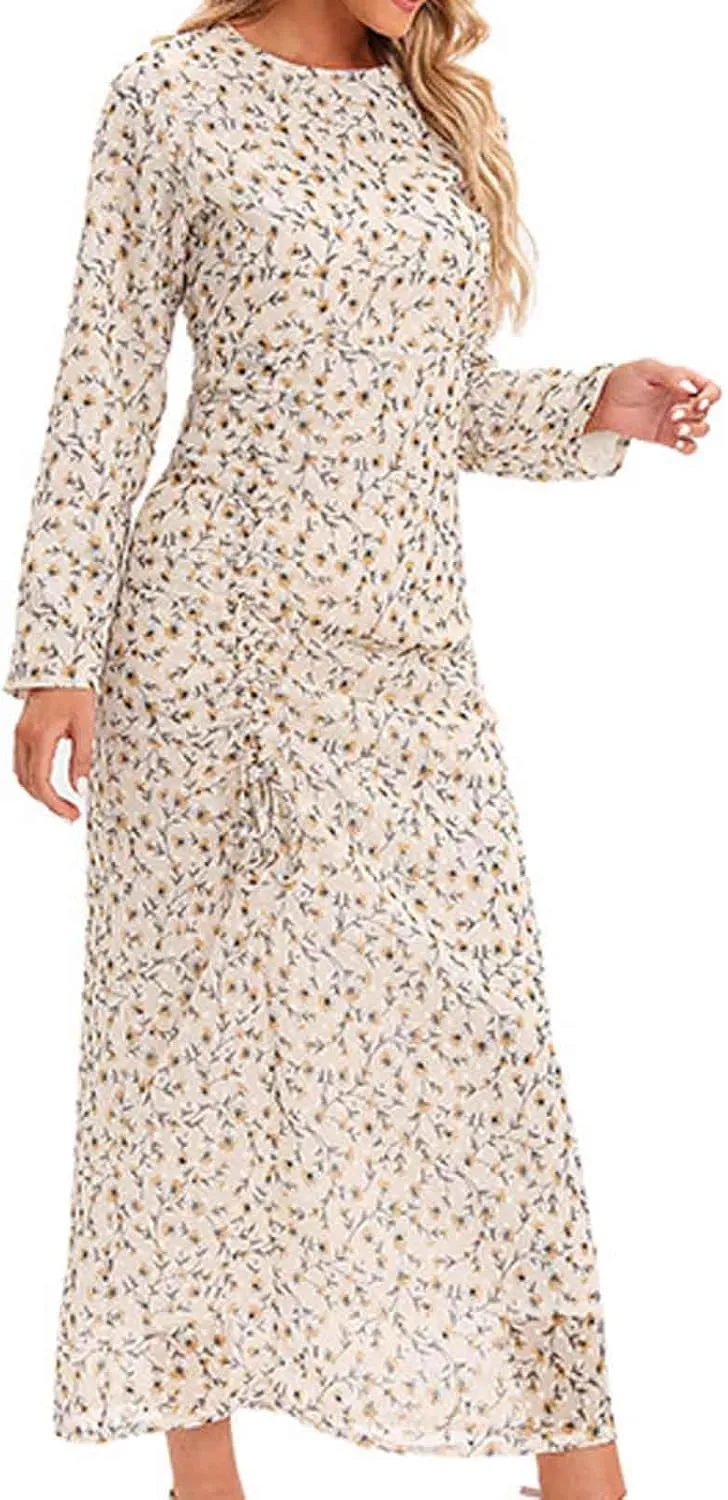 Women's Midi Dresses Casual 2024 Flower Print Pleated Long Sleeve Dress Outdoor Fall Wedding Guest Long Bodycon Dress