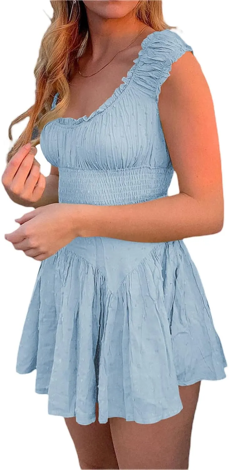 Womens Off Shoulder Ruffle Flowy Mini Short Skater Dresses Short Sleeve Elastic Waist A-Line Casual Summer Dress