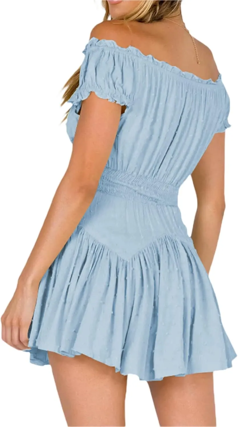 Womens Off Shoulder Ruffle Flowy Mini Short Skater Dresses Short Sleeve Elastic Waist A-Line Casual Summer Dress