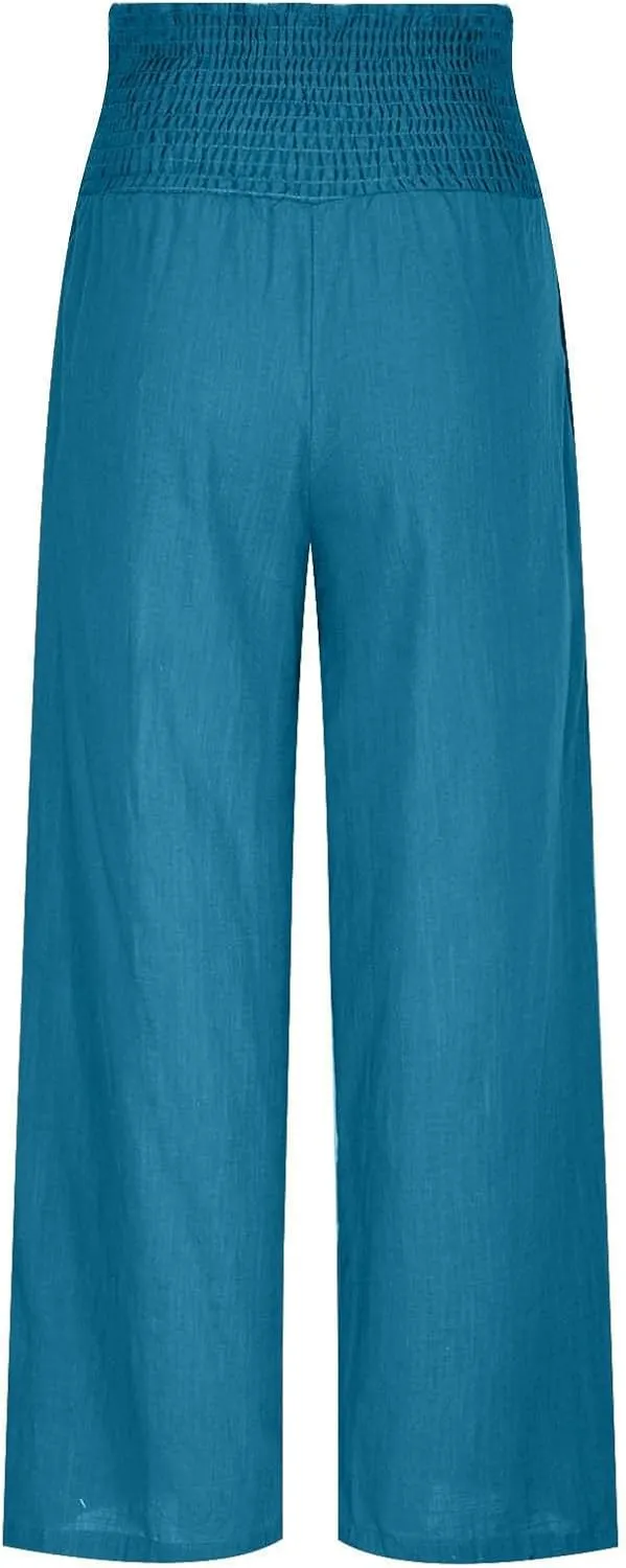 Womens Palazzo Pants Casual Smocked Elastic High Waist Wide Leg Trousers Summer Beach Pants Flowy Linen Lounge Pants