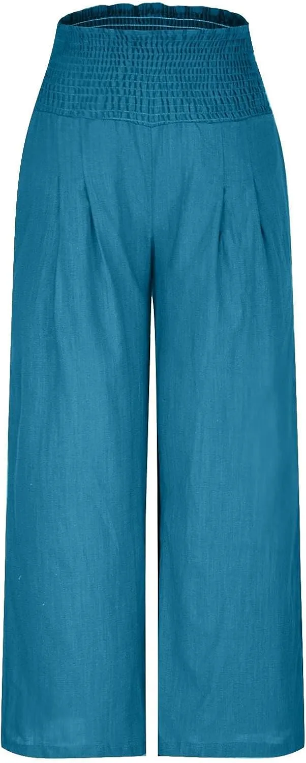Womens Palazzo Pants Casual Smocked Elastic High Waist Wide Leg Trousers Summer Beach Pants Flowy Linen Lounge Pants