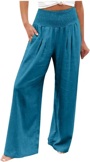 Womens Palazzo Pants Casual Smocked Elastic High Waist Wide Leg Trousers Summer Beach Pants Flowy Linen Lounge Pants