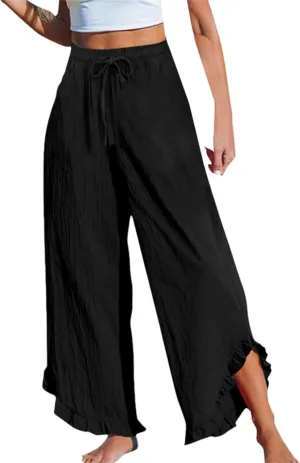 Women's Pants Linen Pants Summer High Waisted Palazzo Pants Wide Leg Drawstring Elastic Waist Loose Comfy Trousers