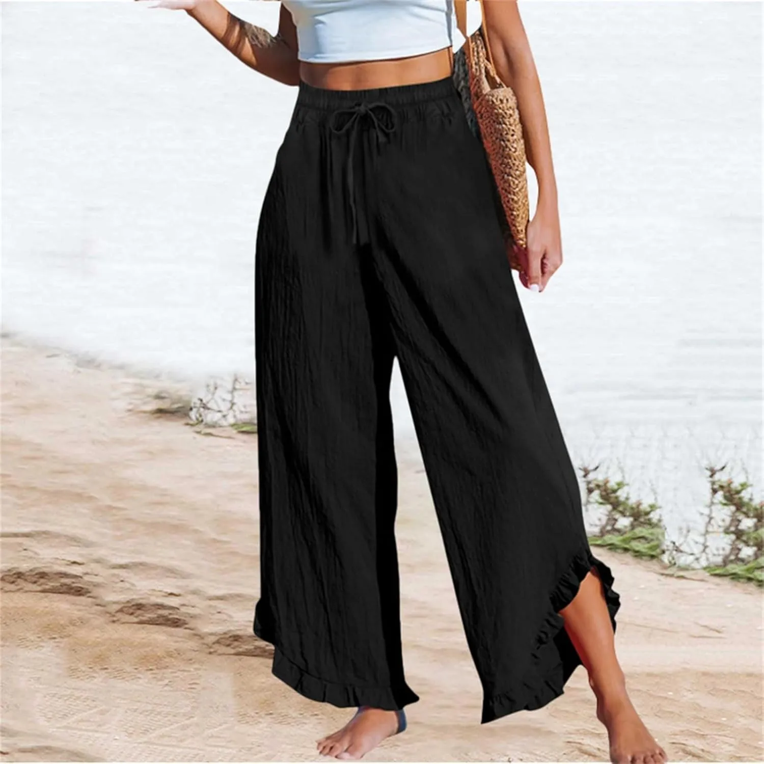 Women's Pants Linen Pants Summer High Waisted Palazzo Pants Wide Leg Drawstring Elastic Waist Loose Comfy Trousers