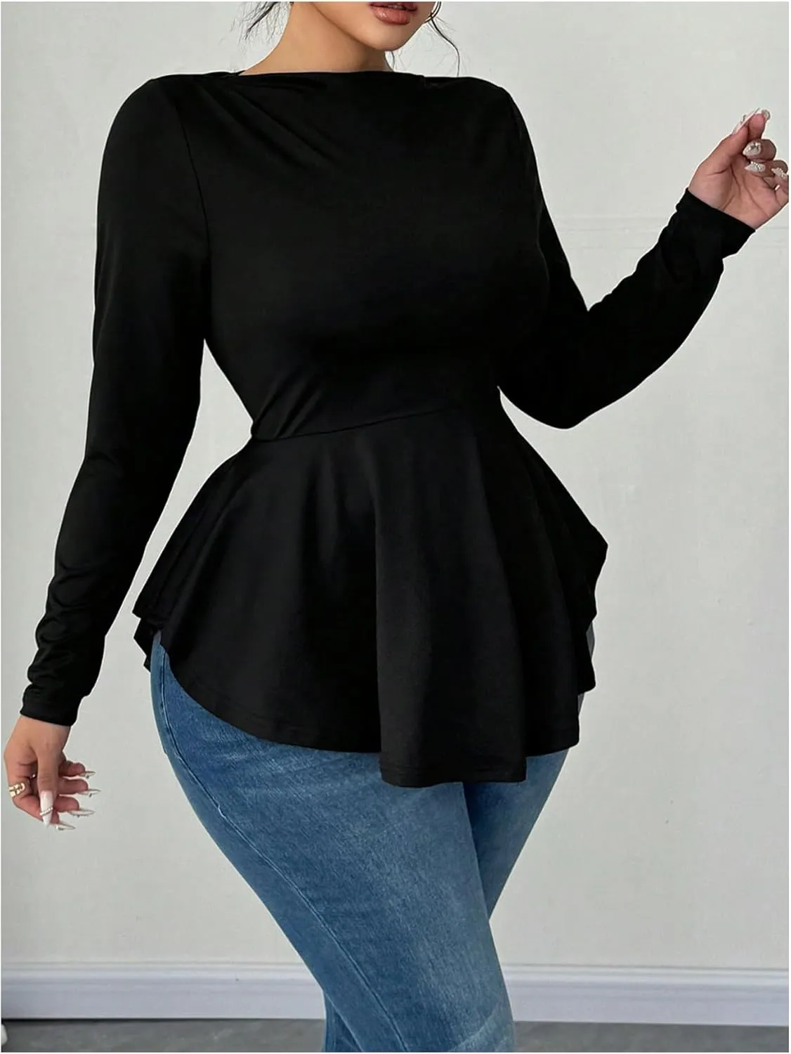 Women's Plus Size Boat Neck Ruffle T Shirt Long Sleeve Peplum Tops Casual Dressy Tees