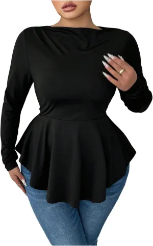 Women's Plus Size Boat Neck Ruffle T Shirt Long Sleeve Peplum Tops Casual Dressy Tees