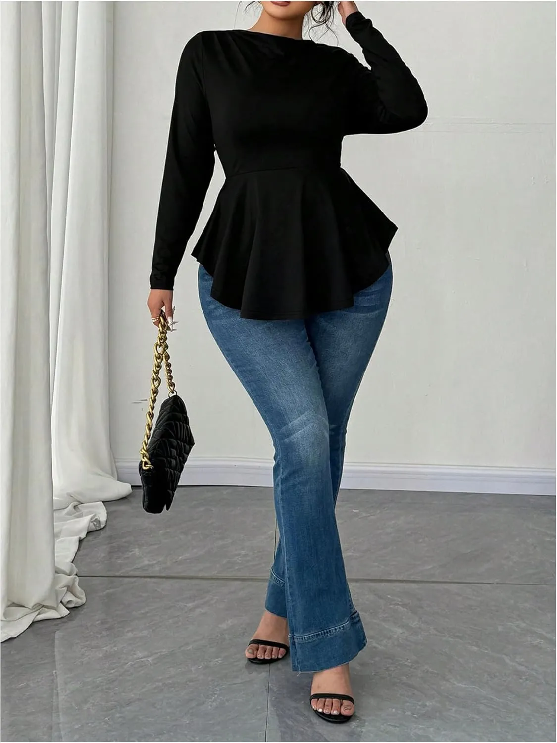 Women's Plus Size Boat Neck Ruffle T Shirt Long Sleeve Peplum Tops Casual Dressy Tees