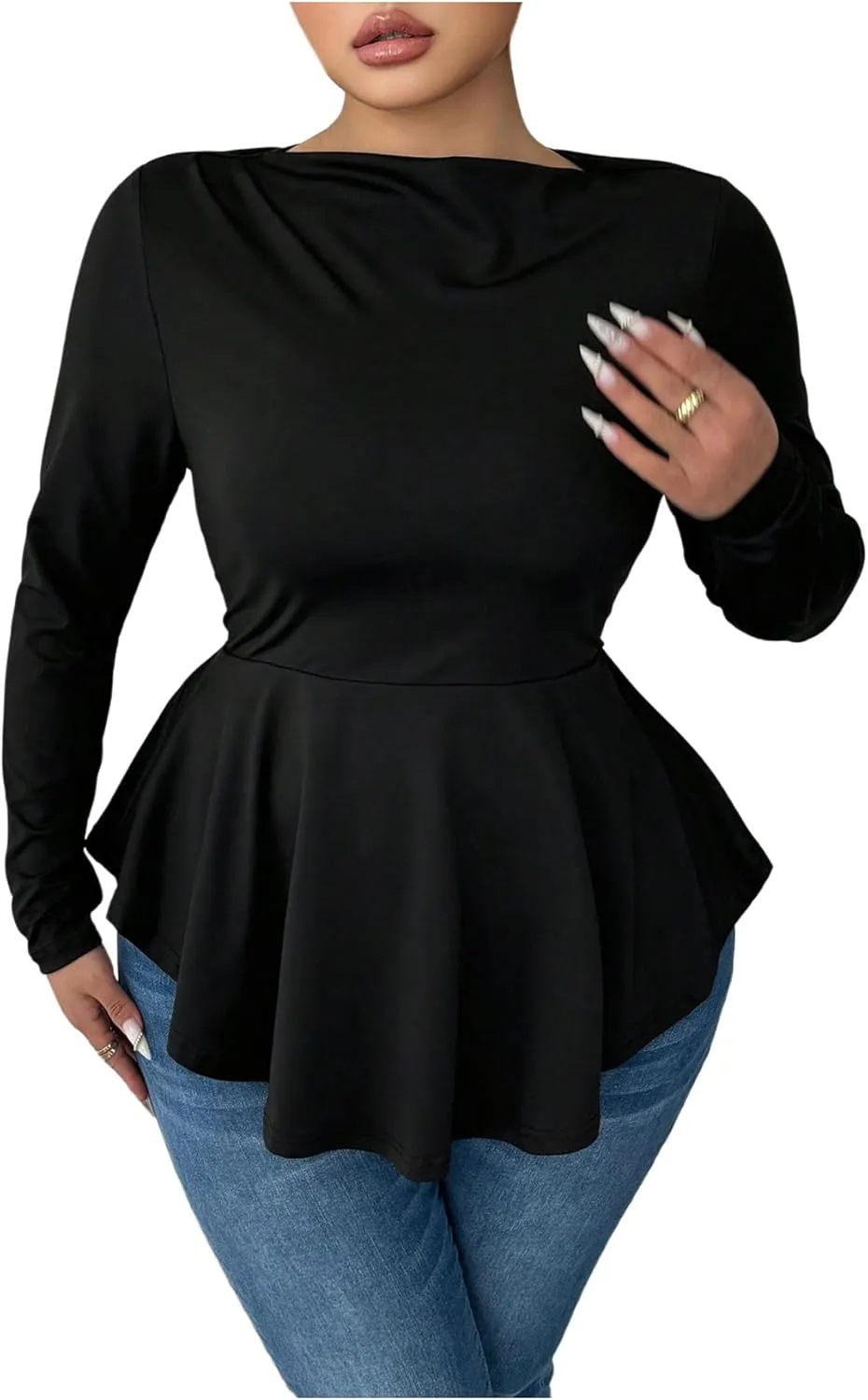Women's Plus Size Boat Neck Ruffle T Shirt Long Sleeve Peplum Tops Casual Dressy Tees