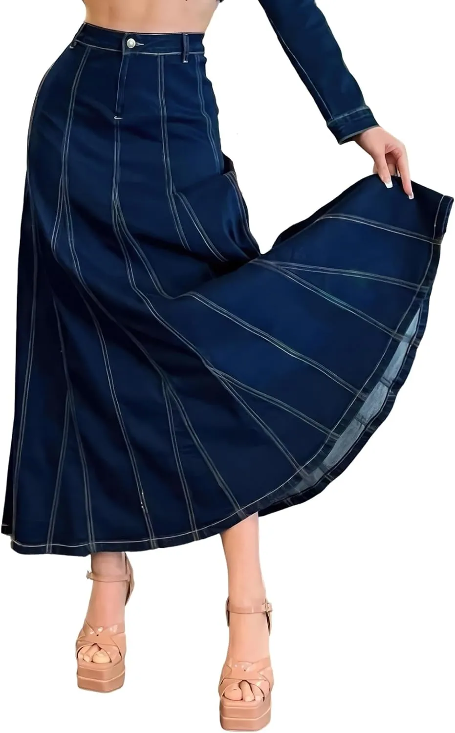 Women's Plus/Juniors Size High Rise A Line Long Jeans Maxi Flared Denim Skirt