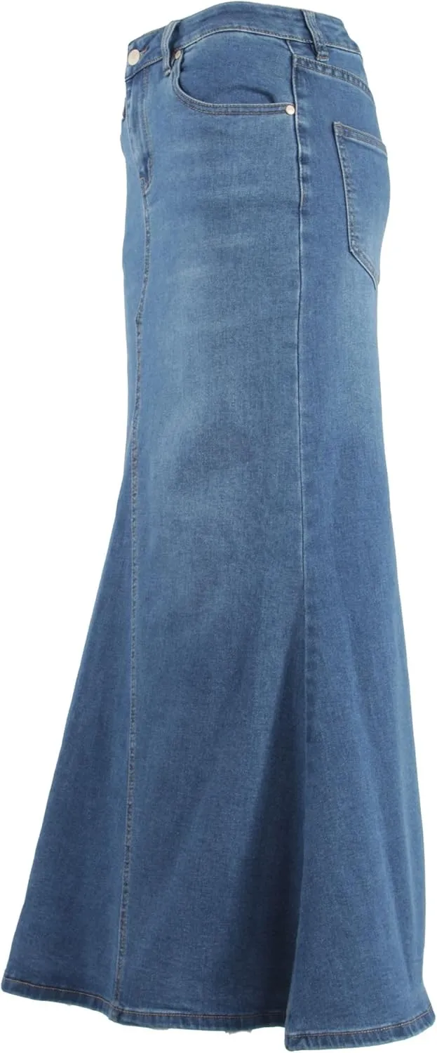 Women's Plus/Juniors Size High Rise A Line Long Jeans Maxi Flared Denim Skirt