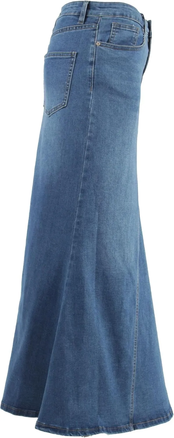 Women's Plus/Juniors Size High Rise A Line Long Jeans Maxi Flared Denim Skirt