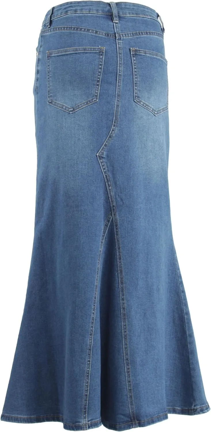 Women's Plus/Juniors Size High Rise A Line Long Jeans Maxi Flared Denim Skirt