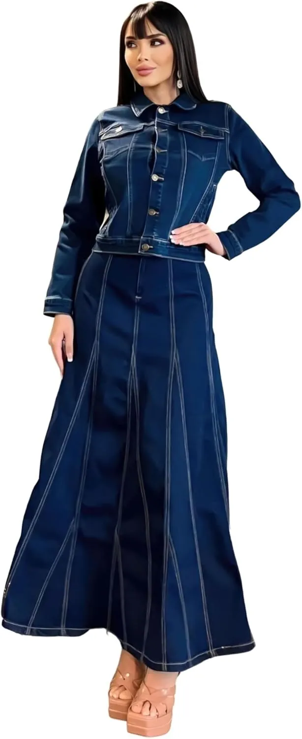 Women's Plus/Juniors Size High Rise A Line Long Jeans Maxi Flared Denim Skirt