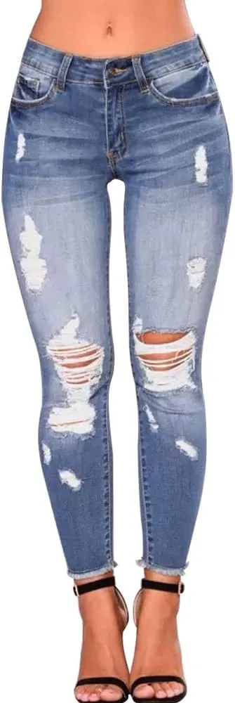 Women's Ripped Skinny Jeans Slim Fit Distressed Destroyed Stretchy Denim Pants