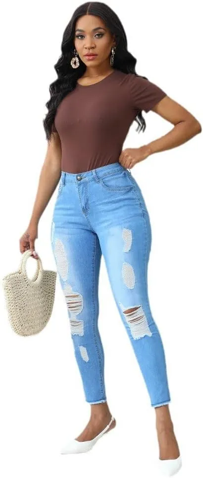 Women's Ripped Skinny Jeans Slim Fit Distressed Destroyed Stretchy Denim Pants