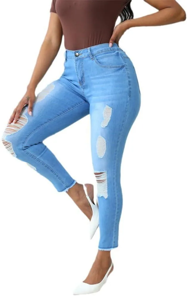 Women's Ripped Skinny Jeans Slim Fit Distressed Destroyed Stretchy Denim Pants