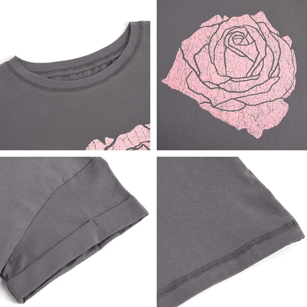 Womens Rose Graphic Tee T Shirt Loose Fit Summer Short Sleeve Casual Boyfriend Crew Neck Tops