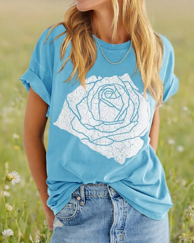 Womens Rose Graphic Tee T Shirt Loose Fit Summer Short Sleeve Casual Boyfriend Crew Neck Tops